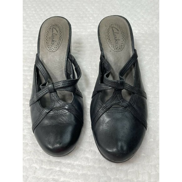 Clarks Black Leather Heels Backless Cutout Strap Size 7.5 - Picture 5 of 7